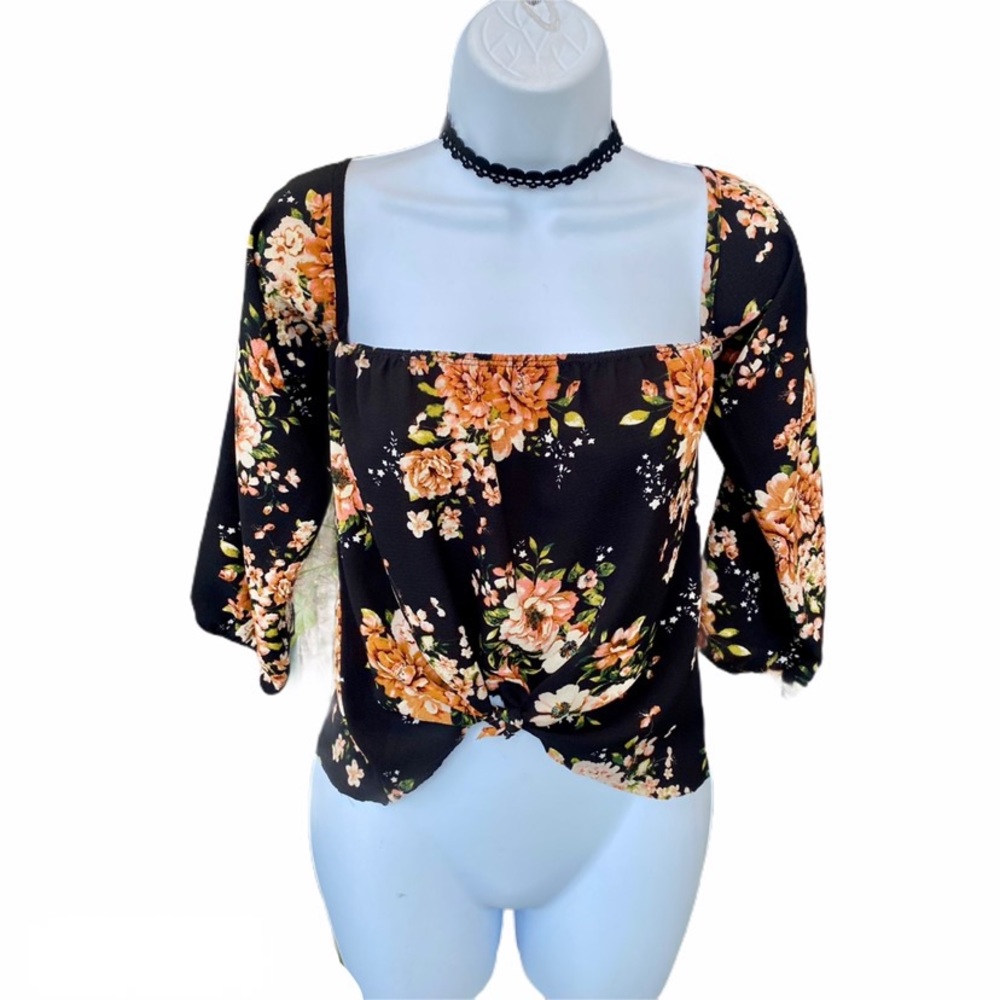 Mind Code Floral Black Front Tie Cute Blouse